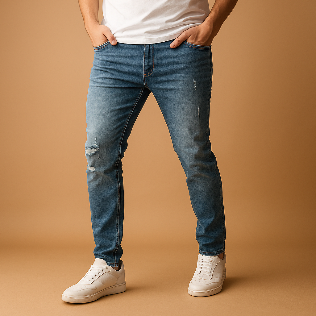 Men’s ripped slim-fit jeans made from durable stretch denim, featuring modern distressed details for a trendy streetwear look.