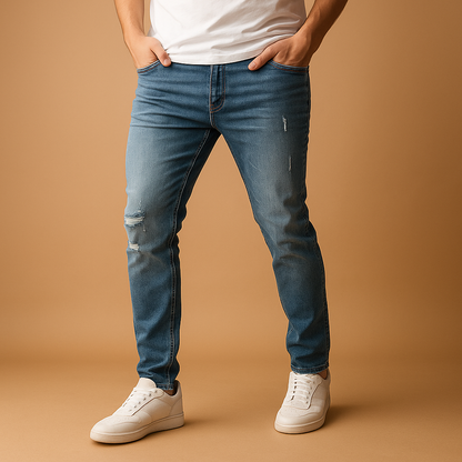 Men’s ripped slim-fit jeans made from durable stretch denim, featuring modern distressed details for a trendy streetwear look.