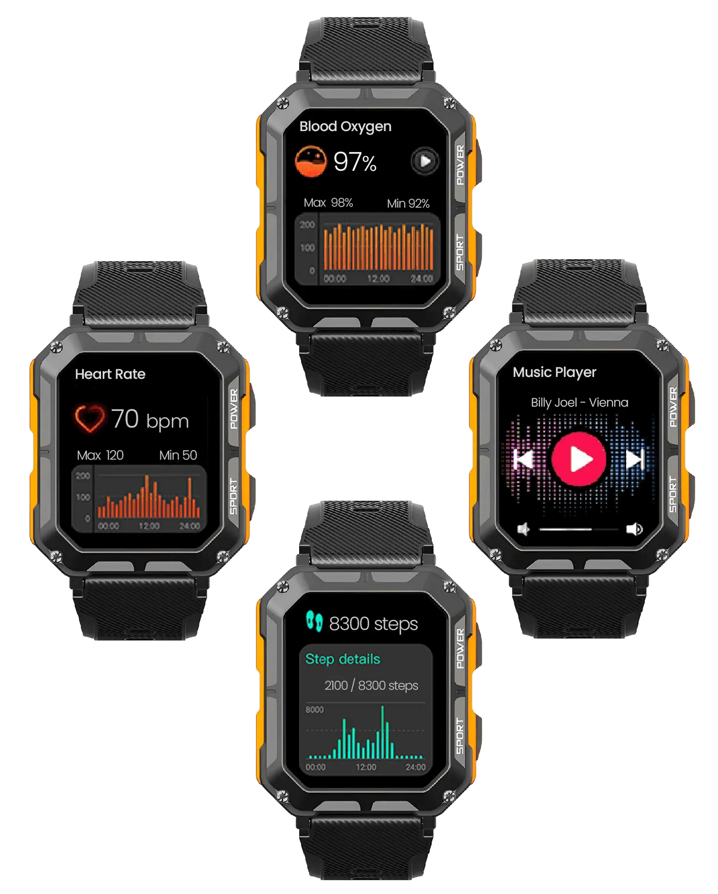 Robust Smartwatch with Heart Rate Monitor & Step Counter - EnduranceX-Black-Nora Luxe