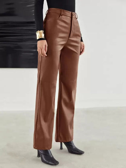 Women's High Waist Fake Leather Flare Leg Pants - Olytrend