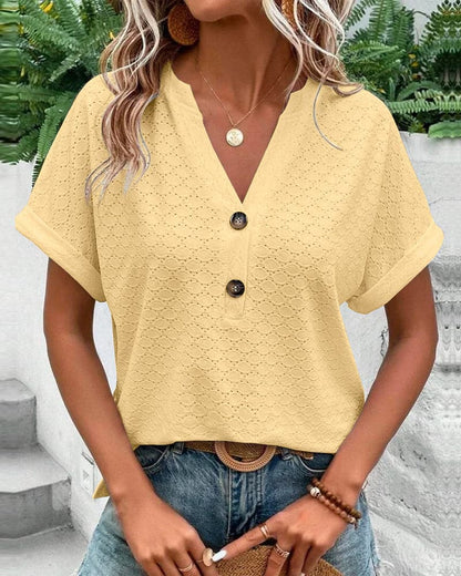 Red Feminine V-Neck Cotton Shirt - Olytrend