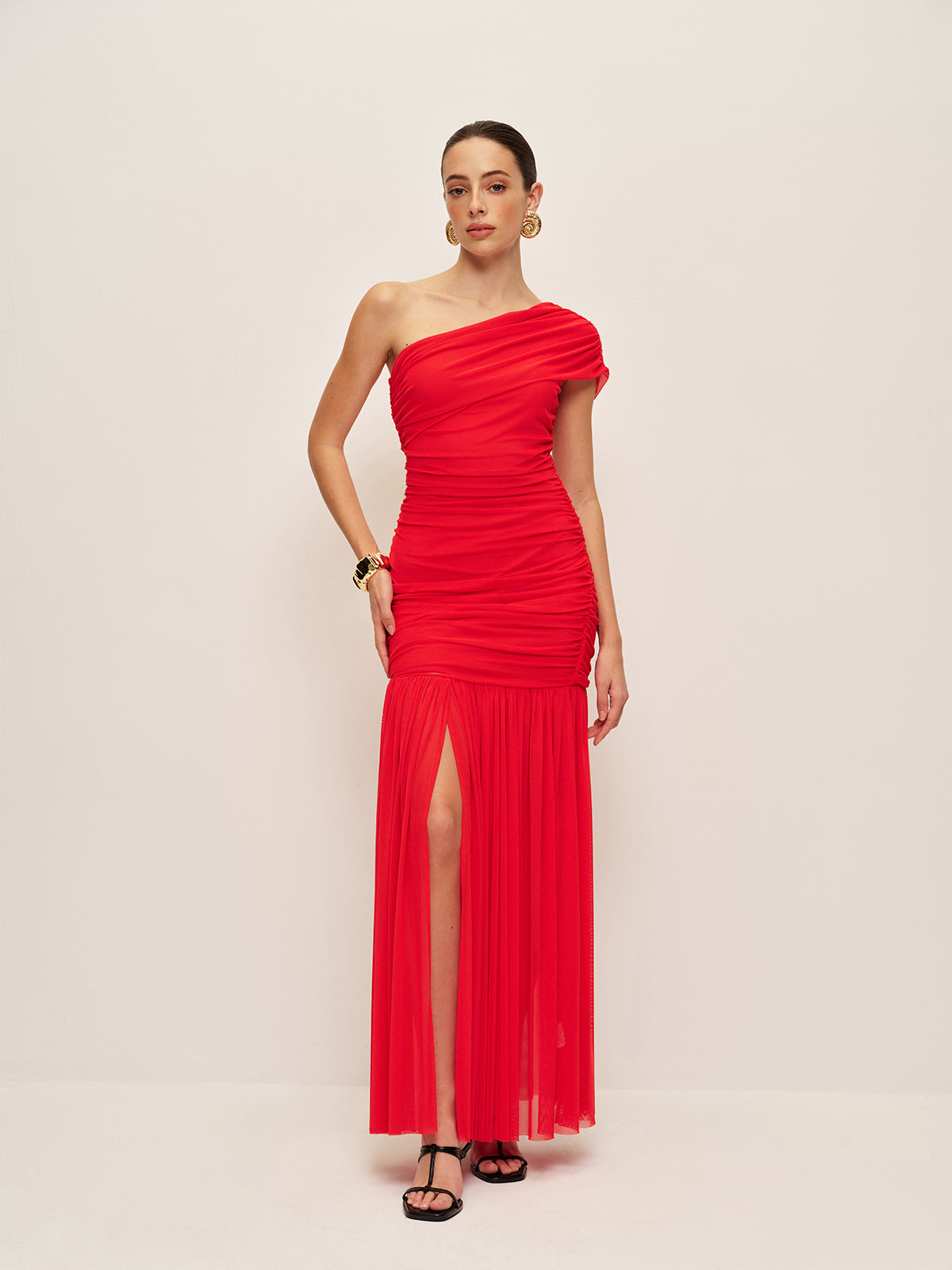 Gathered Asymmetrical Side Slit Dress - Pexav