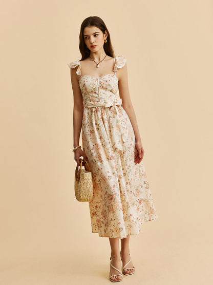 Floral Midi Dress with Ruffled Waist and Slit Detail