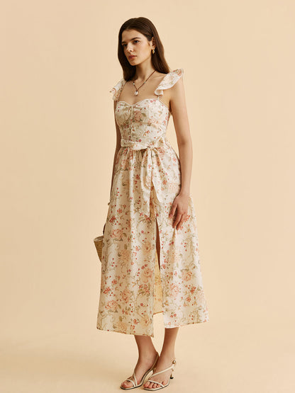 Floral Midi Dress with Ruffled Waist and Slit Detail