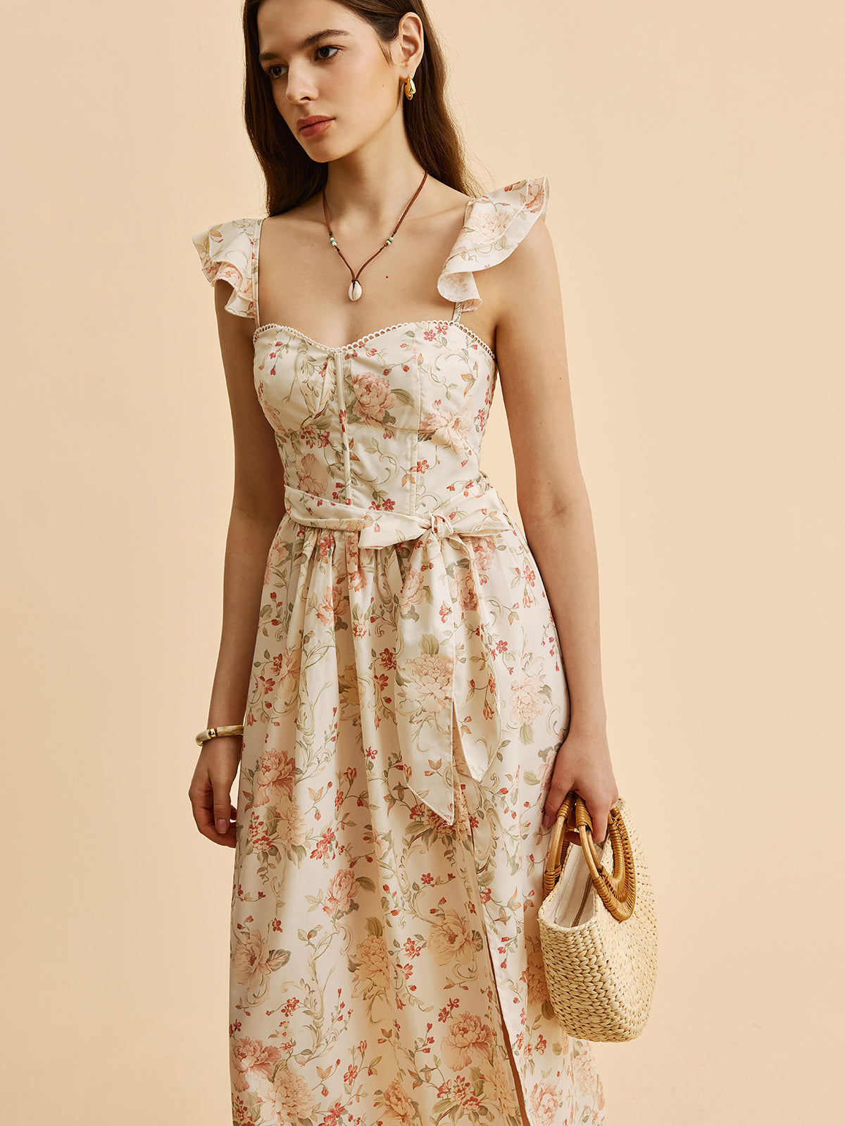 Floral Midi Dress with Ruffled Waist and Slit Detail