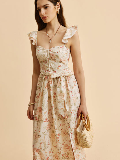Floral Midi Dress with Ruffled Waist and Slit Detail