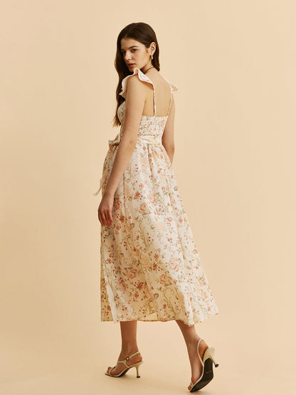 Floral Midi Dress with Ruffled Waist and Slit Detail