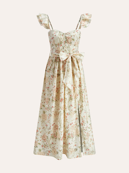 Floral Midi Dress with Ruffled Waist and Slit Detail
