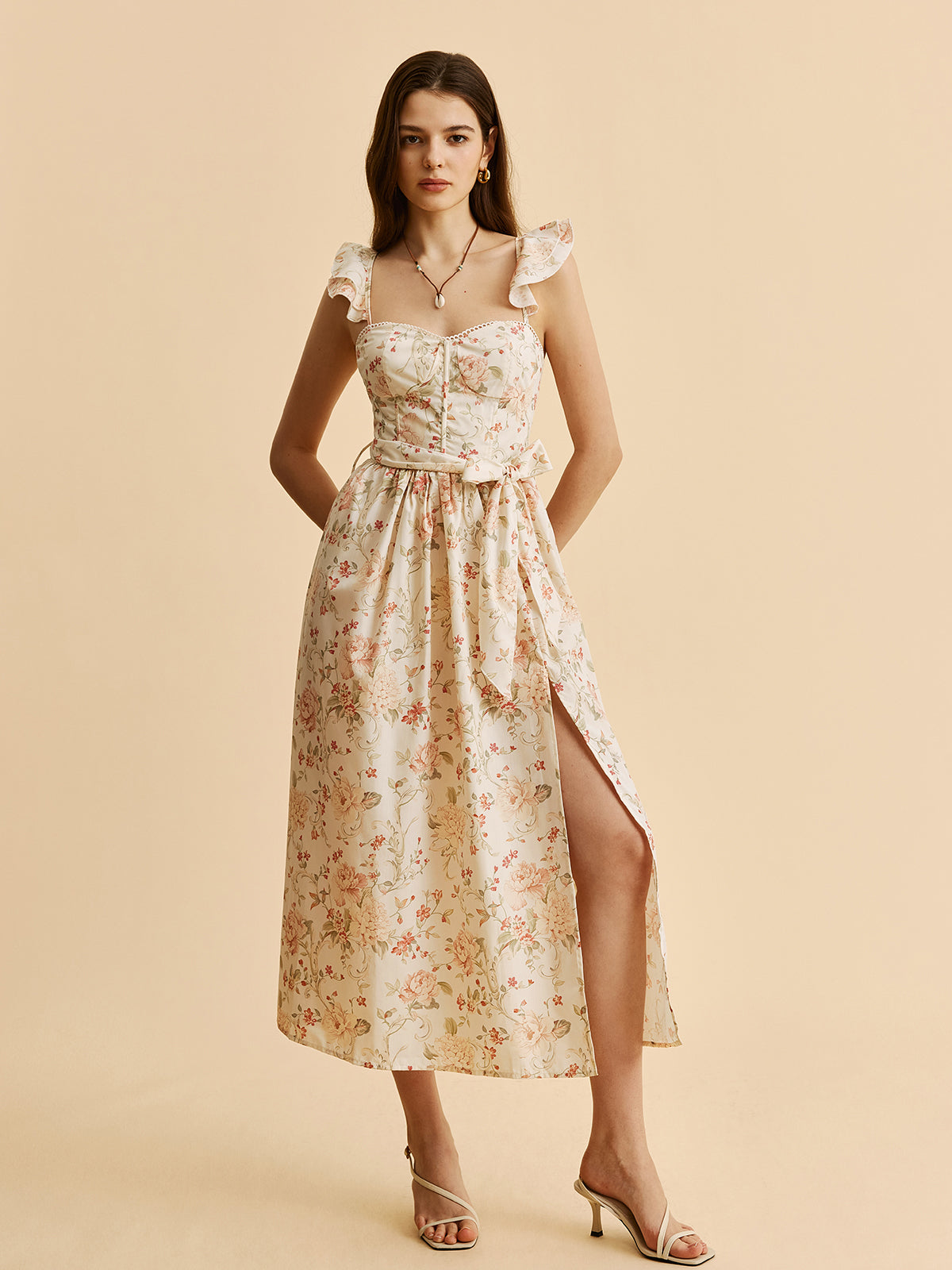 Floral Midi Dress with Ruffled Waist and Slit Detail - Pexav