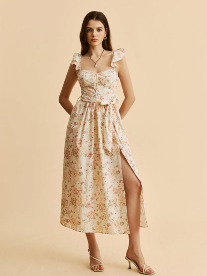 Floral Midi Dress with Ruffled Waist and Slit Detail - Pexav