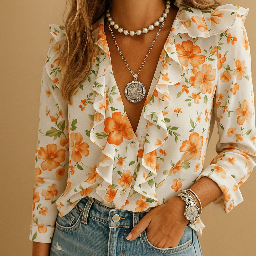 Ruffled butterfly print blouse for women | Merel - Nocini