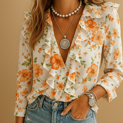 Ruffled butterfly print blouse for women | Merel - Nocini