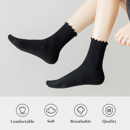 Ruffled Cotton Ankle Socks - Lisa-3 White 3 Black-Nora Luxe