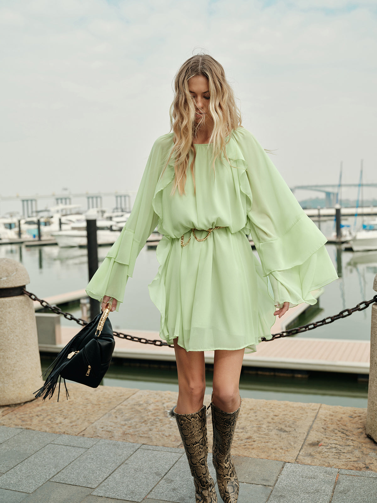 Flowy Ruffle Sleeve Chiffon Dress No Belt