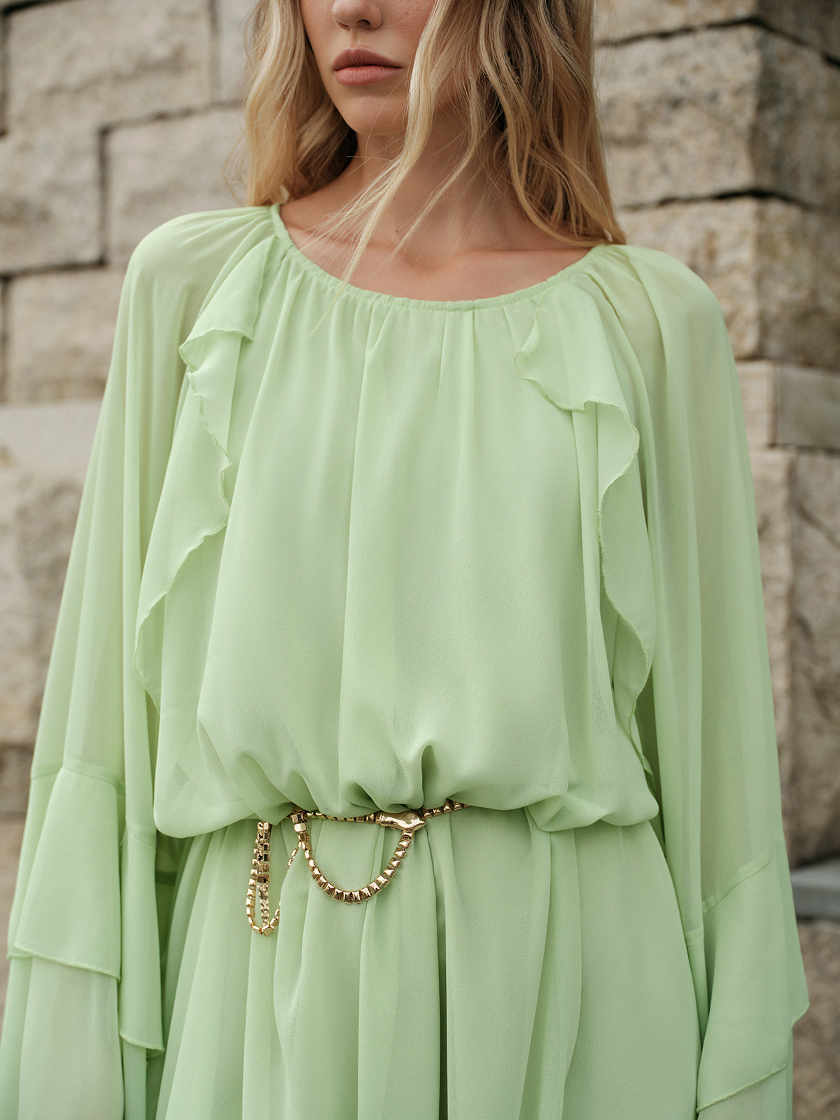 Flowy Ruffle Sleeve Chiffon Dress No Belt
