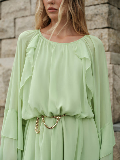 Flowy Ruffle Sleeve Chiffon Dress No Belt