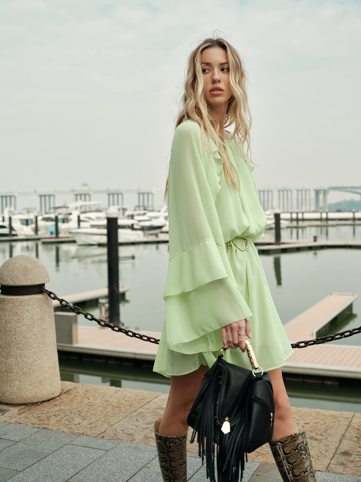 Flowy Ruffle Sleeve Chiffon Dress No Belt