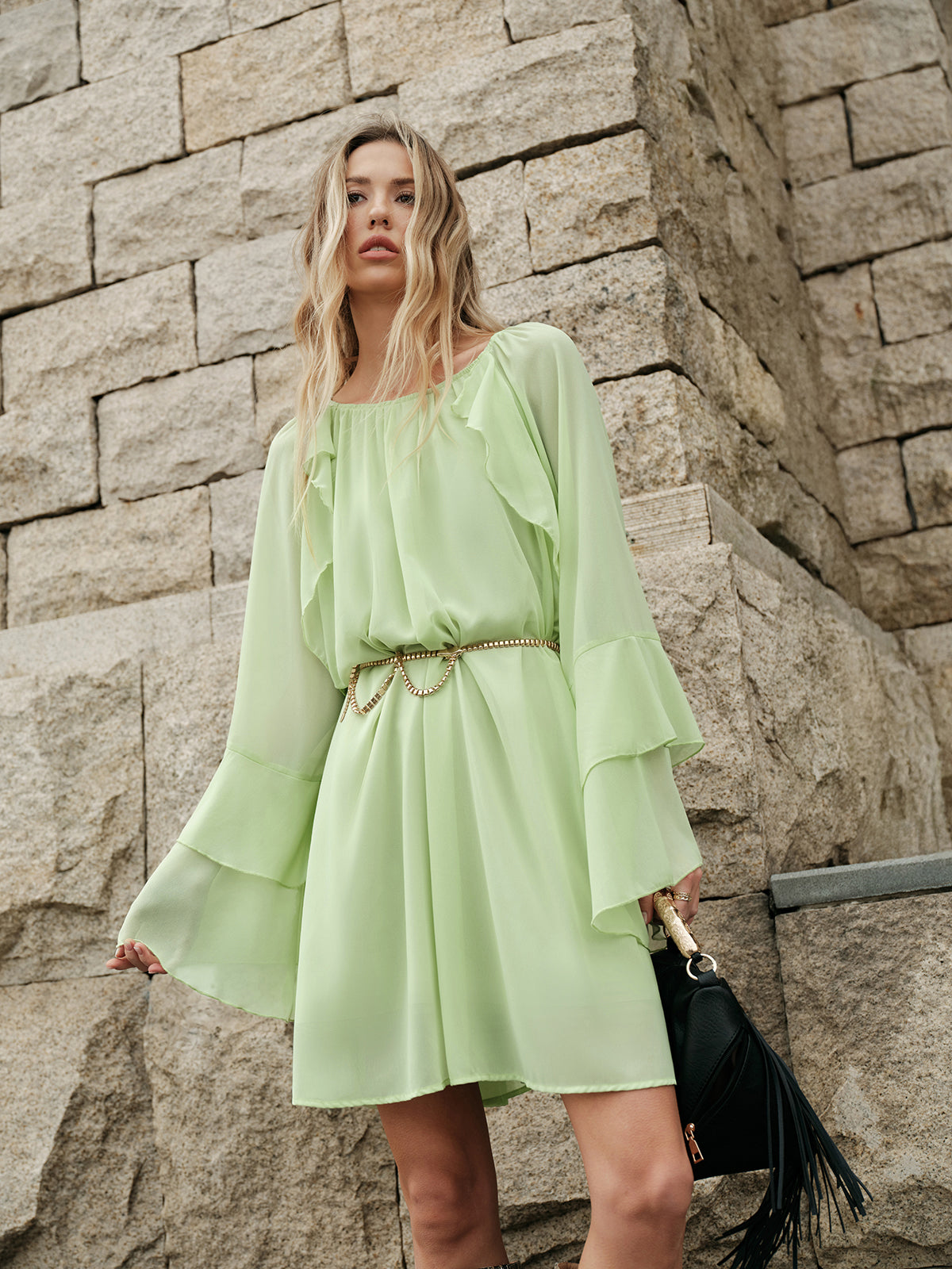 Flowy Ruffle Sleeve Chiffon Dress No Belt - Pexav