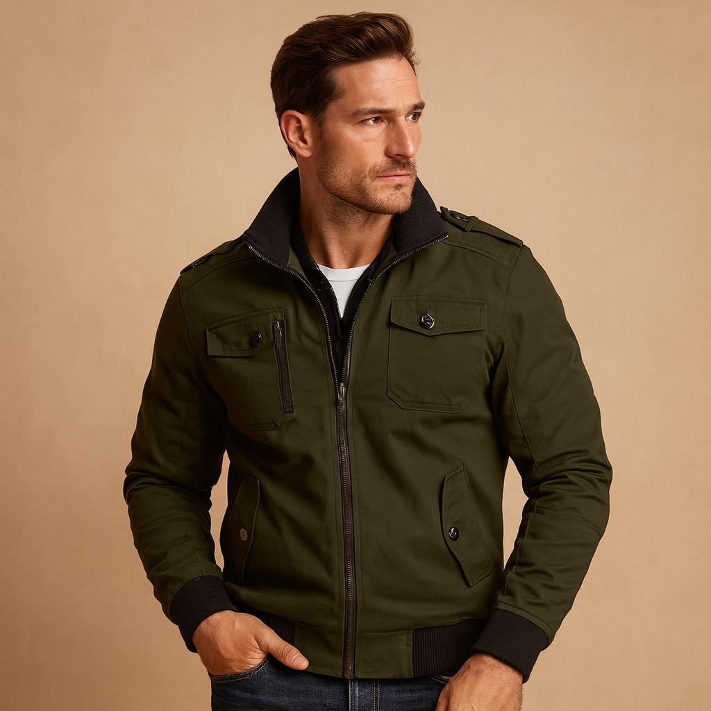 Men’s rugged bomber jacket with tactical details, high collar, ribbed cuffs, and multiple pockets for daily wear and outdoor adventures.