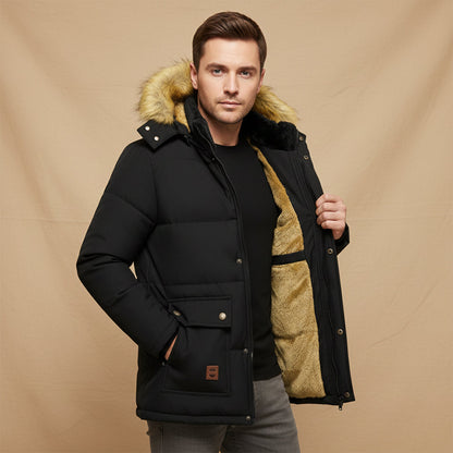 Warm Men's Hooded Parka Jacket with Faux Fur Collar