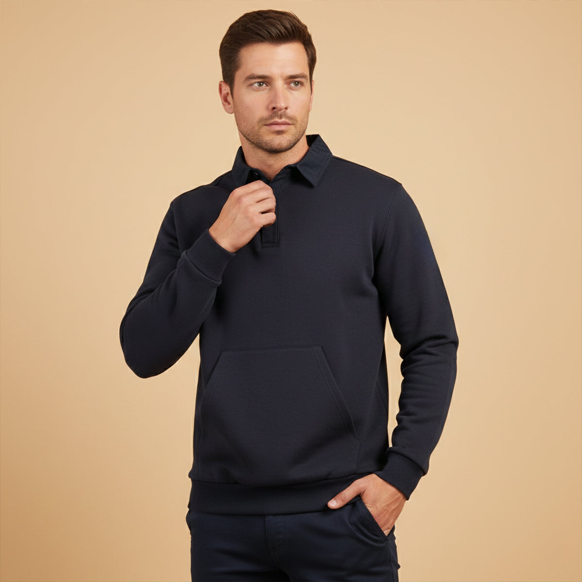 Relaxed Fit Men's Polo Fleece Sweatshirt with Pocket