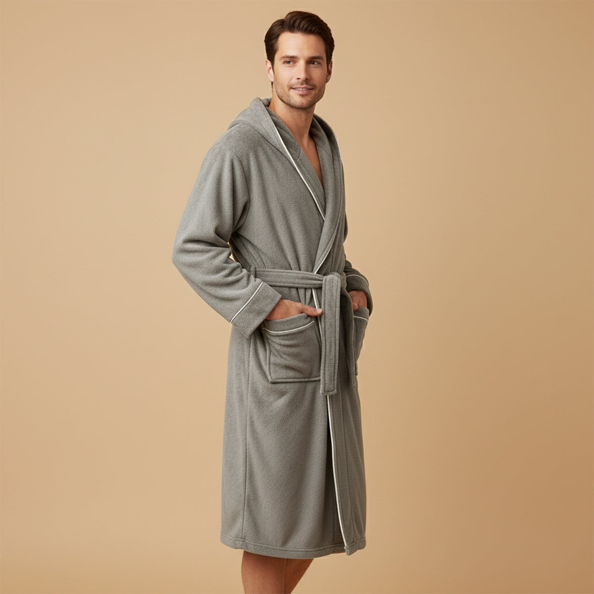 Soft Men's Hooded Plush Bathrobe with Tie Waist