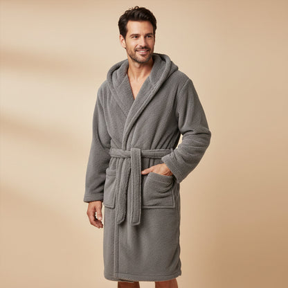 Soft Gray Men's Hooded Fleece Bathrobe with Pockets