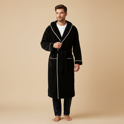 Cozy Men's Hooded Fleece Bathrobe with Tie Waist