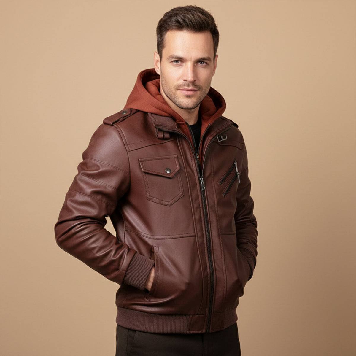 Classic Mens Vintage Leather Hoodie Jacket with Pockets