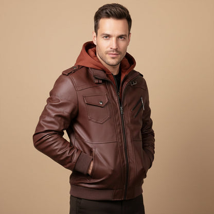 Classic Mens Vintage Leather Hoodie Jacket with Pockets