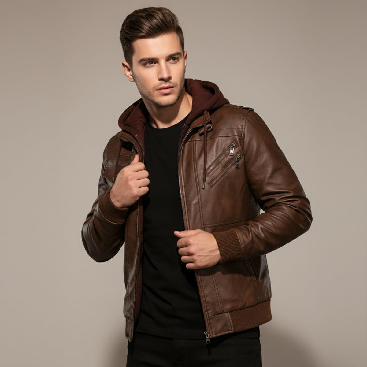 Classic Mens Vintage Leather Hoodie Jacket with Pockets