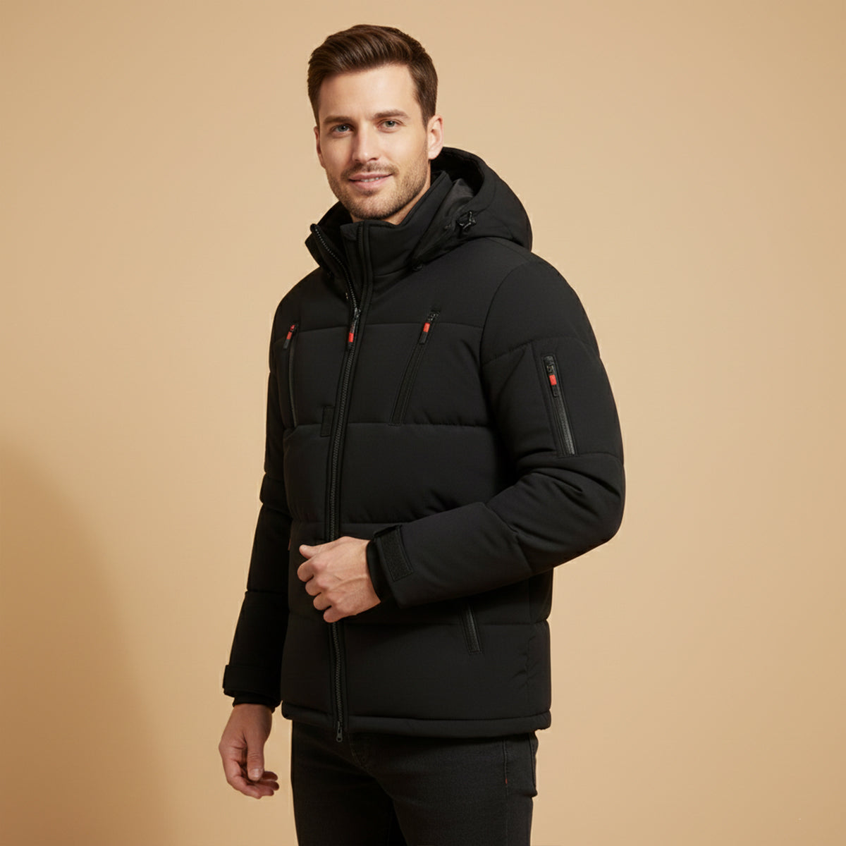 Warm Men's Hooded Puffer Parka with Zip Pockets