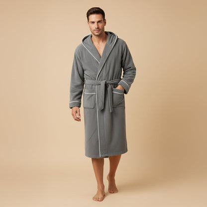 Cozy Men's Hooded Fleece Bathrobe with Tie Waist