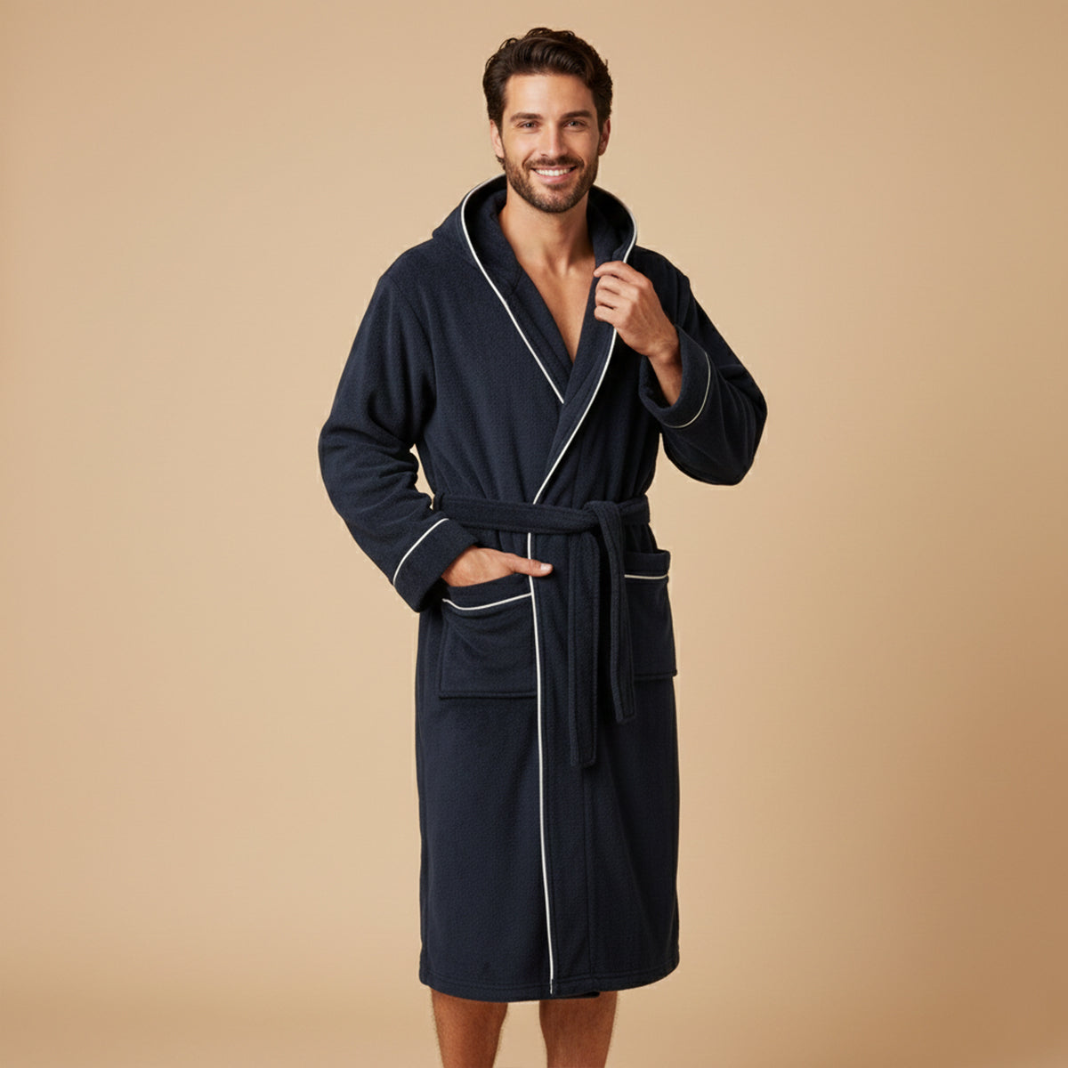 Soft Men's Hooded Plush Bathrobe with Tie Waist