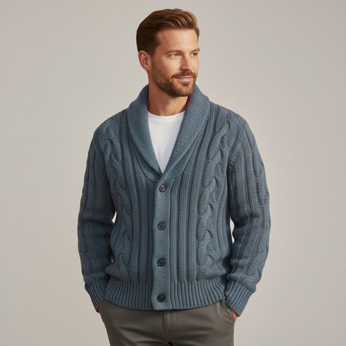 Warm Mens Cable Knit Crew Neck Cardigan Sweater