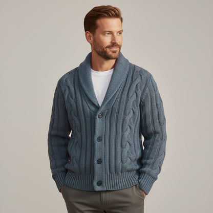 Warm Mens Cable Knit Crew Neck Cardigan Sweater