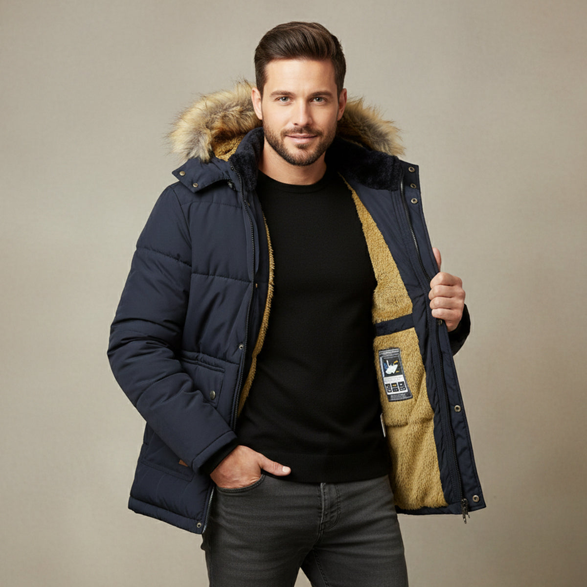 Warm Men's Hooded Parka Jacket with Faux Fur Collar