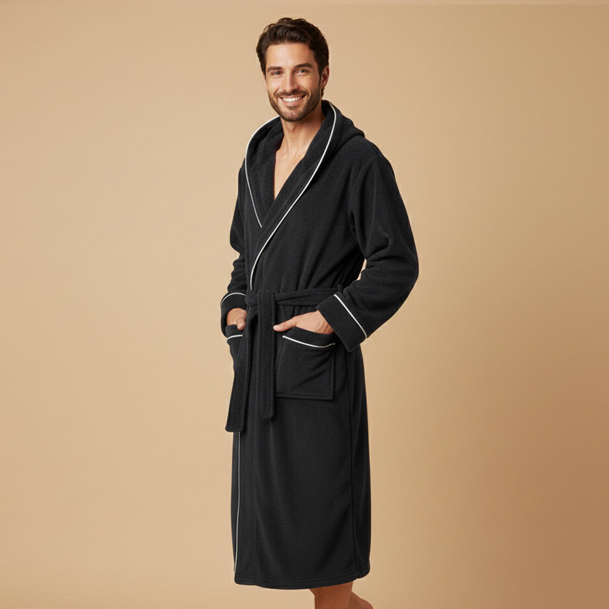Soft Men's Hooded Plush Bathrobe with Tie Waist