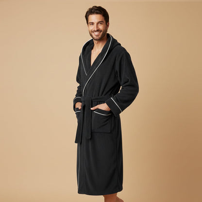 Soft Men's Hooded Plush Bathrobe with Tie Waist