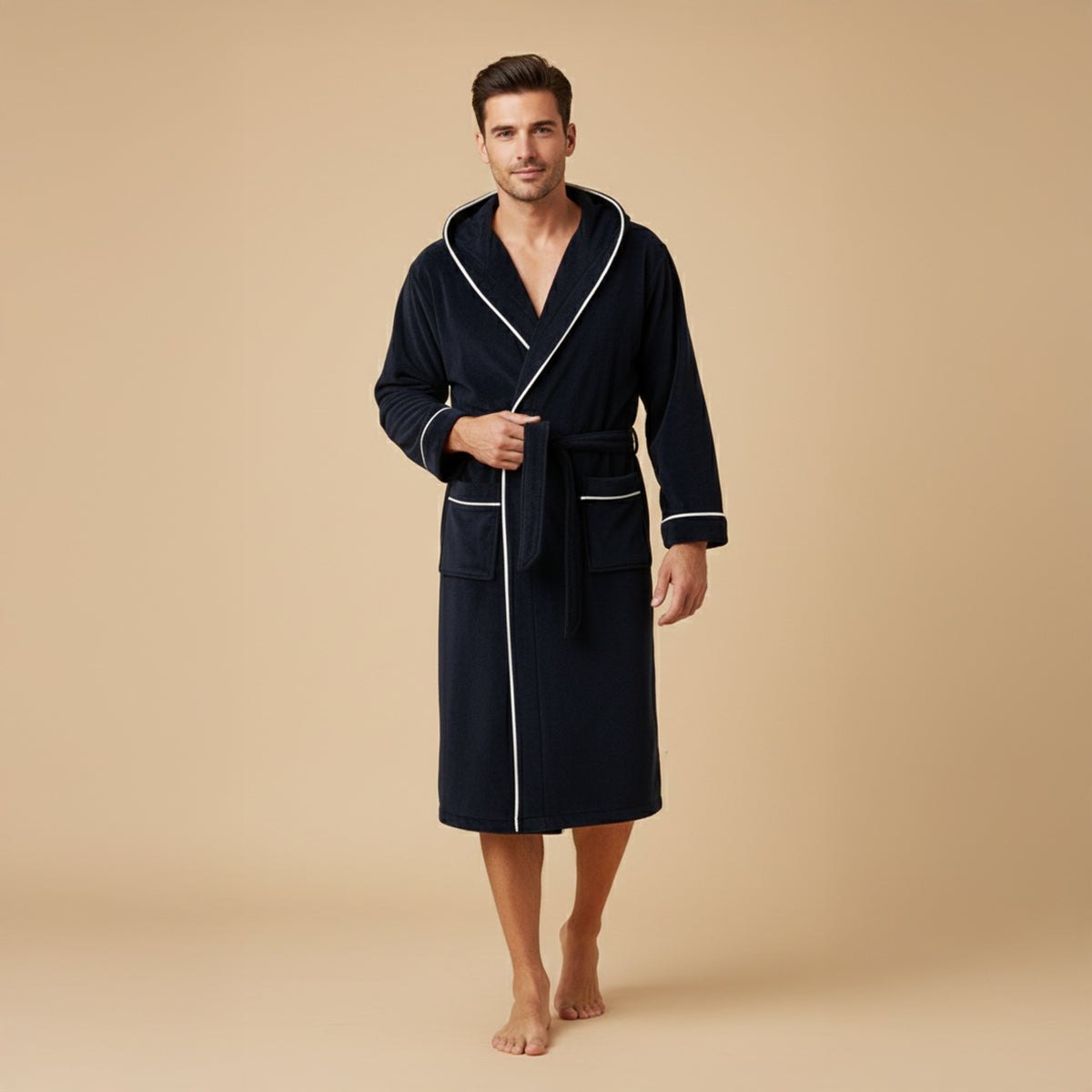 Cozy Men's Hooded Fleece Bathrobe with Tie Waist