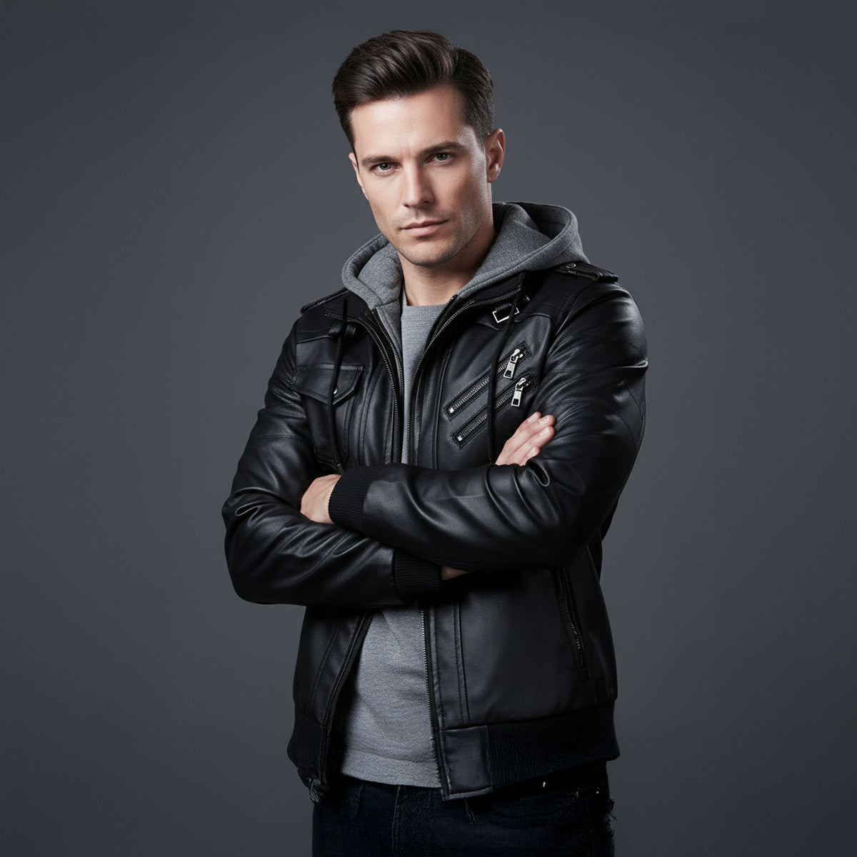 Classic Mens Vintage Leather Hoodie Jacket with Pockets