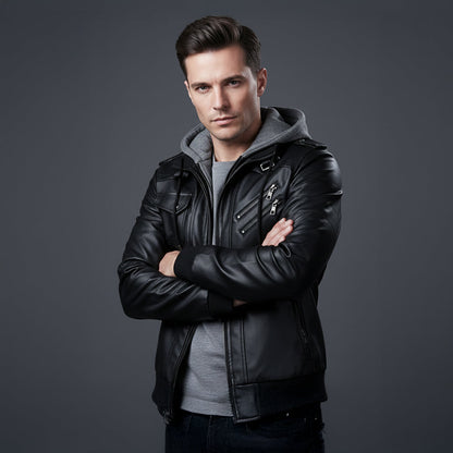 Classic Mens Vintage Leather Hoodie Jacket with Pockets