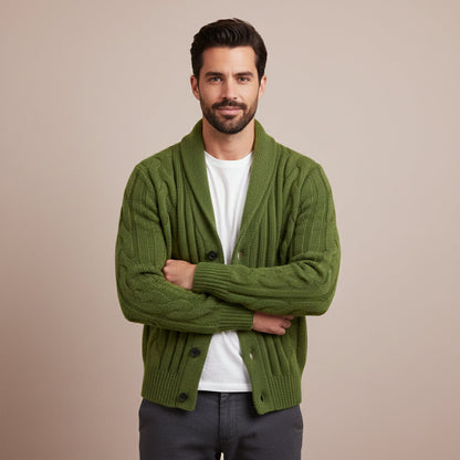Warm Mens Cable Knit Crew Neck Cardigan Sweater