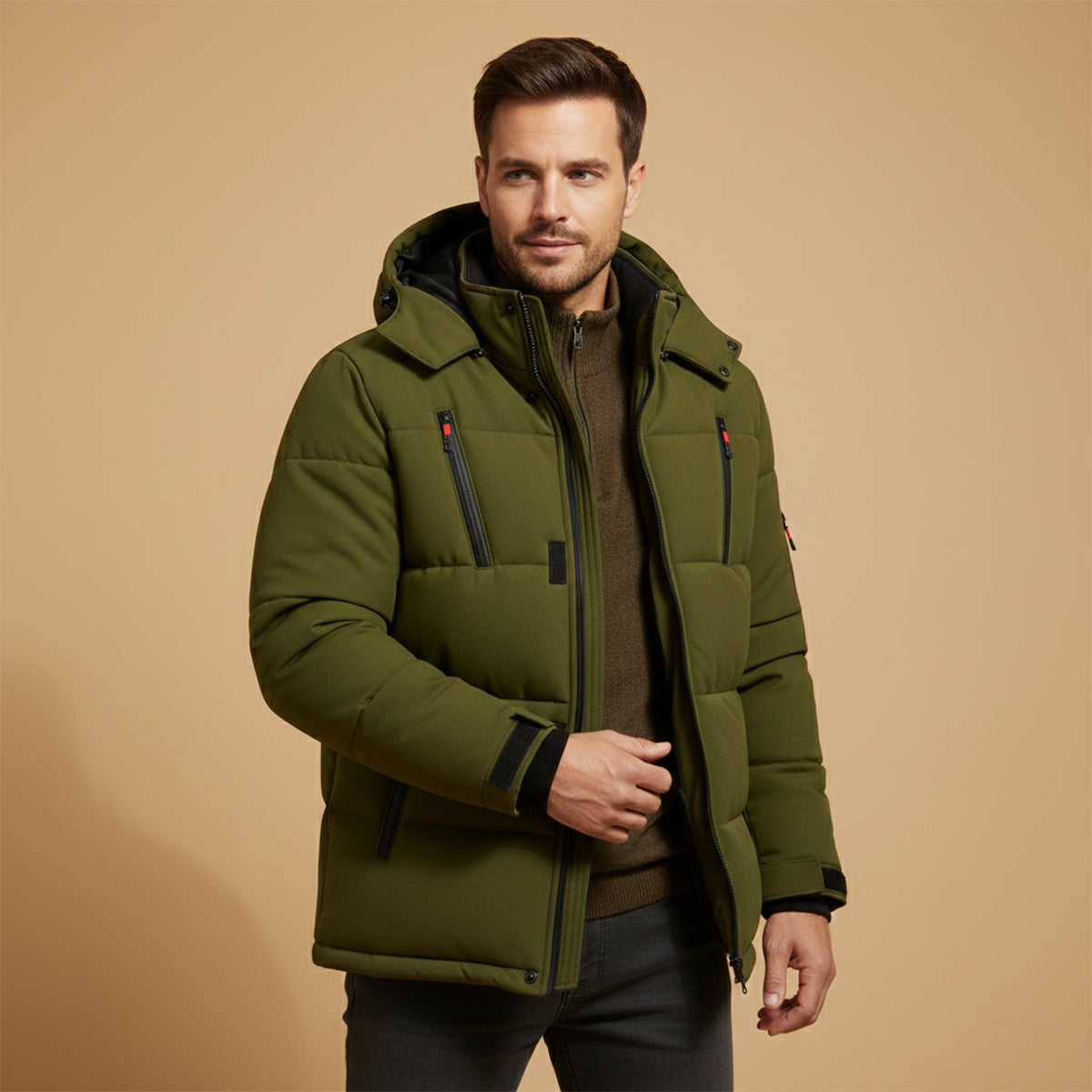 Warm Men's Hooded Puffer Parka with Zip Pockets