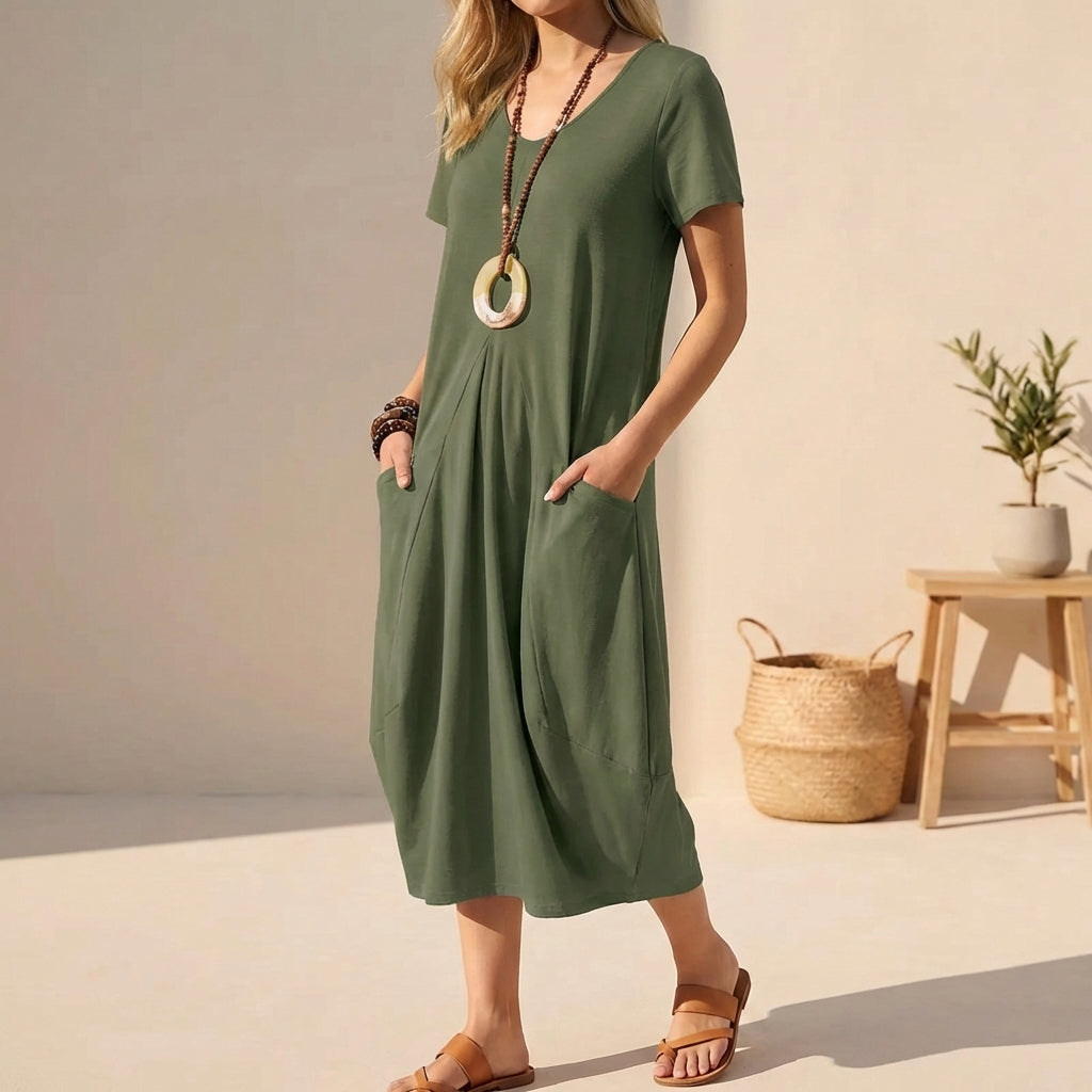 Image of Sabrina | Women's V-Neck A-Line Midi Dress