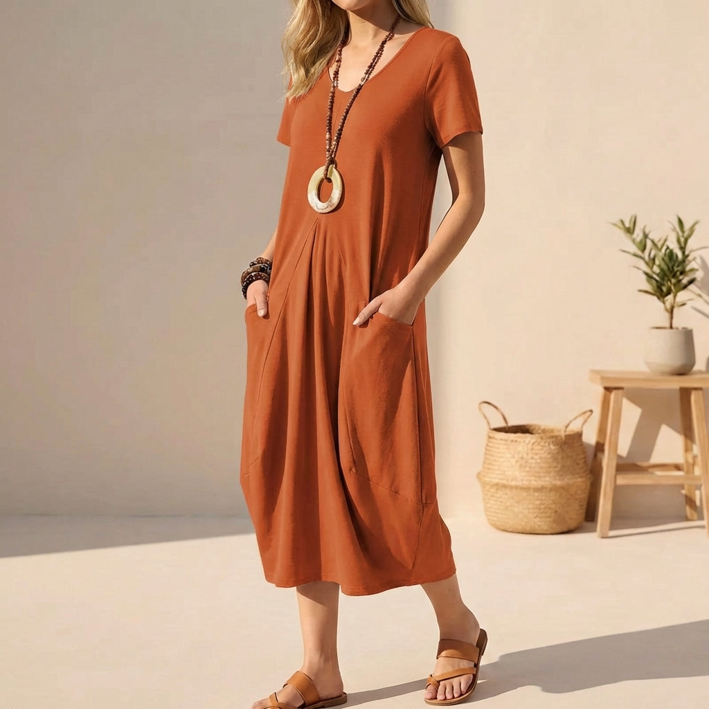 Image of Sabrina | Women's V-Neck A-Line Midi Dress