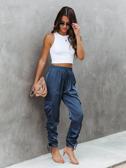 Satin Cargo Trousers - Clara-Black-S-Nora Luxe