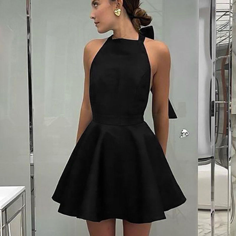 Satin Cocktail Dress with Flared Cut - Valeria-Black-XS-Nora Luxe