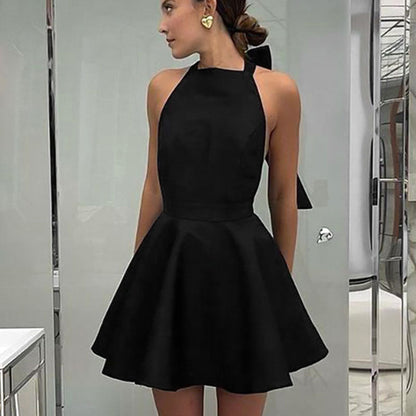 Satin Cocktail Dress with Flared Cut - Valeria-Black-XS-Nora Luxe
