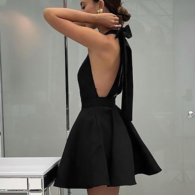 Satin Cocktail Dress with Flared Cut - Valeria-Black-XS-Nora Luxe